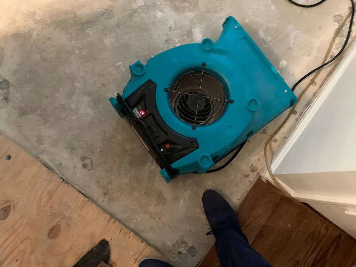 Air mover drying subfloor during Leak Detection & Repair in Tunkhannock